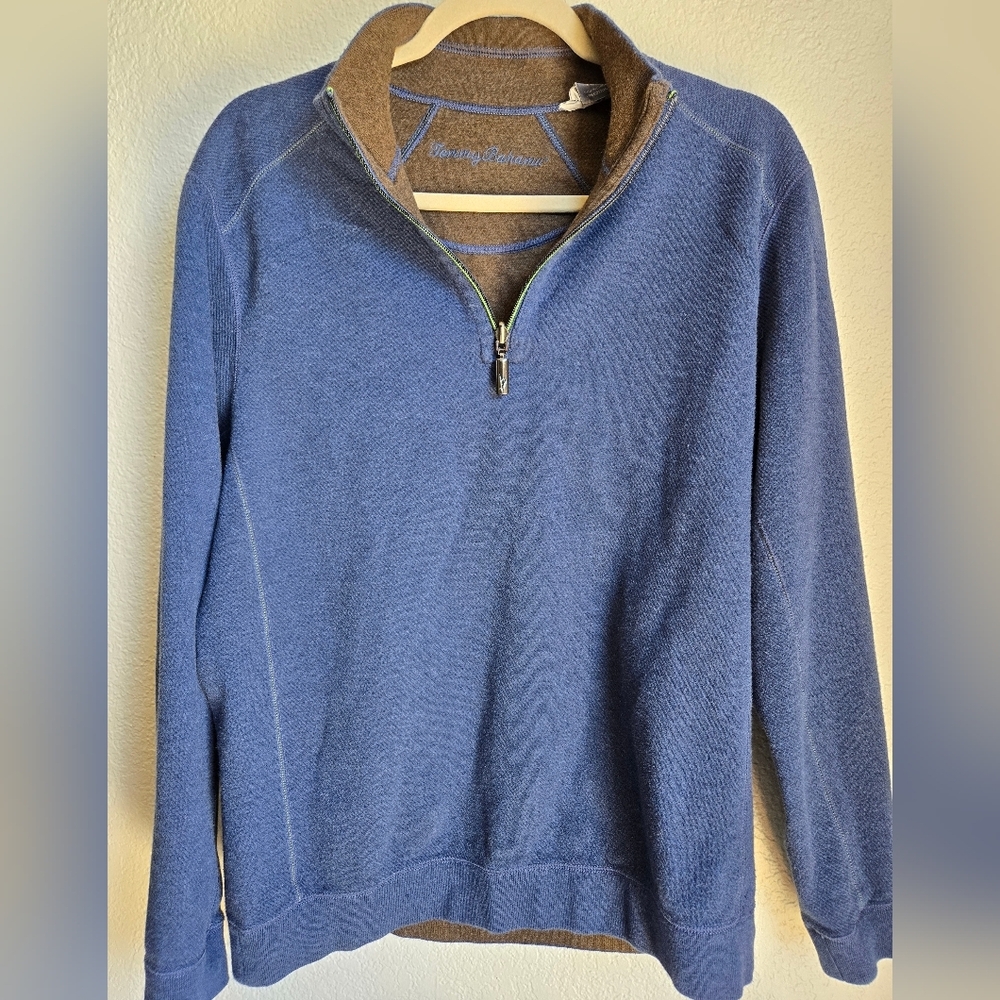 Tommy Bahama Mens M Sweater quarter Zip Reversible Blue Brown